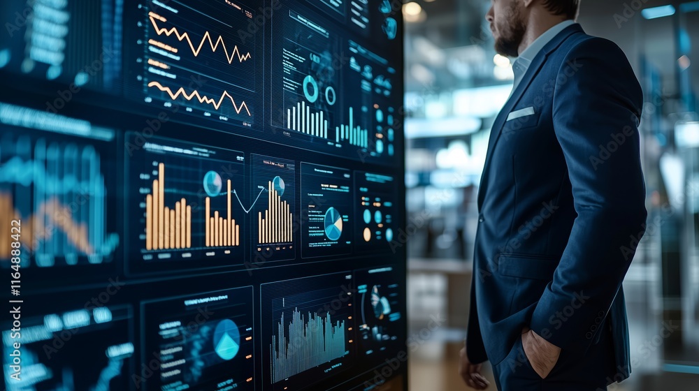 Poster business professional analyzing data visualizations on screen