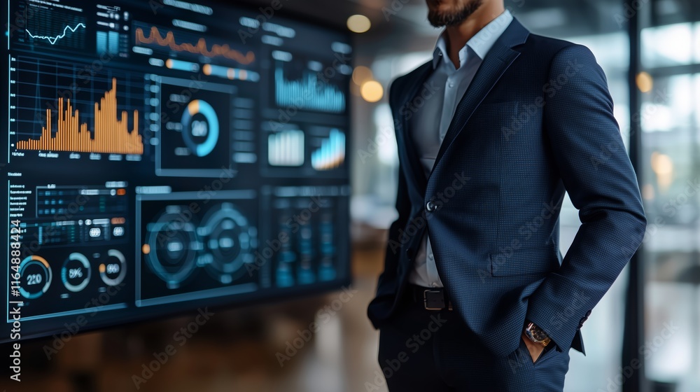 Poster businessman analyzing data on large screen in modern office setting