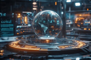 Fototapeta premium Holographic earth globe on futuristic tech console.