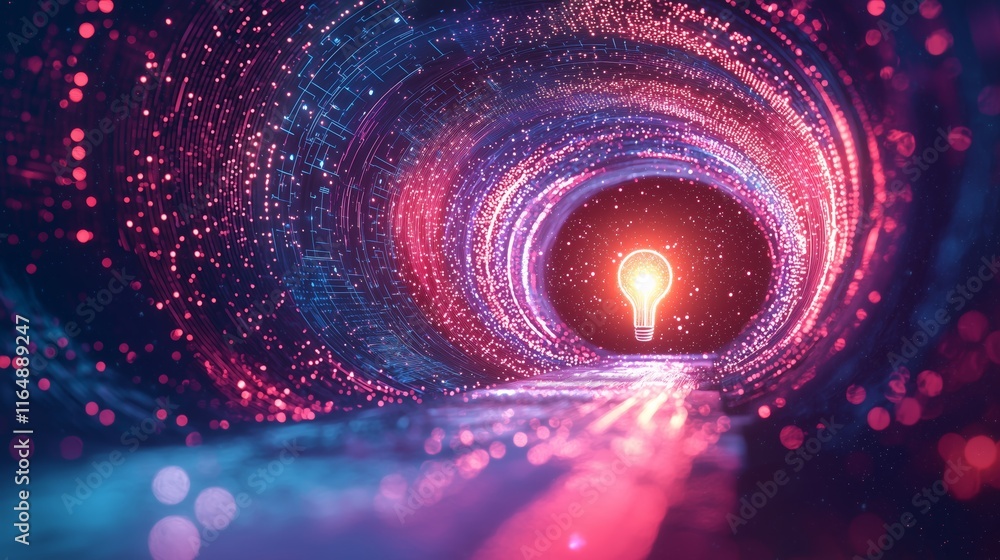 Poster abstract lightbulb concept in colorful digital tunnel design