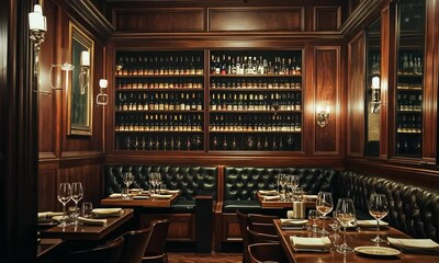 Elegant restaurant interior featuring wooden decor, wine shelves, and intimate dining setup.