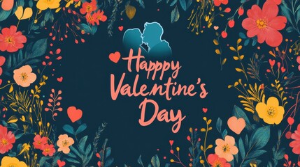 Valentine's card design featuring an elegant couple silhouette surrounded by vibrant floral patterns and cursive "Happy Valentine's Day" text