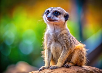 Fototapeta premium Tilt-shift transforms a watchful meerkat into a miniature world marvel; its sideways glance, a captivating wildlife portrait.