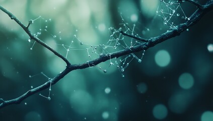 Dewdrops on a branch, forming a network pattern.