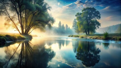 Serene River Mist at Sunrise Tranquil Water Reflecting Majestic Trees and a Peaceful Dawn Sky