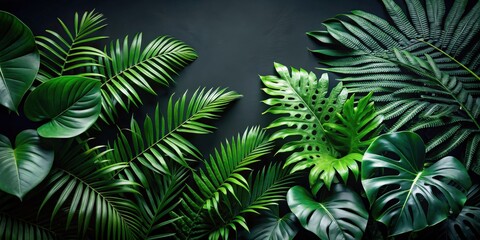 Lush Tropical Foliage Arranged Against a Dark Background for Design and Decoration