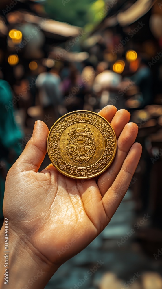 Poster golden coin in hand with market background and bokeh effect