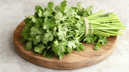 Fresh Cilantro Bunch on Wooden Cutting Board