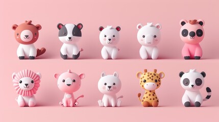 Cute cartoon animal figurines in pastel colors arranged in two rows on a pink background.