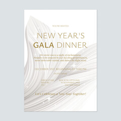 New Year eve gala invitation template features a sophisticated and elegant design with a flowing, white abstract background that adds a touch of sophistication