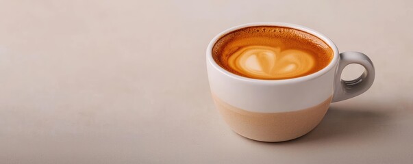 Minimal coffee idea. A beautifully crafted cup of latte with heart-shaped foam art on a light background.