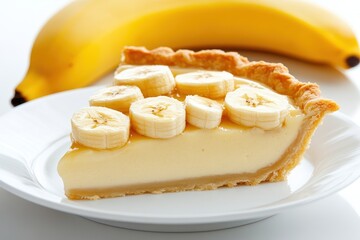 Delicious and Creamy Banana Cream Pie Slice with Fresh Banana Topping on a Plate and a Ripe Banana in the Background