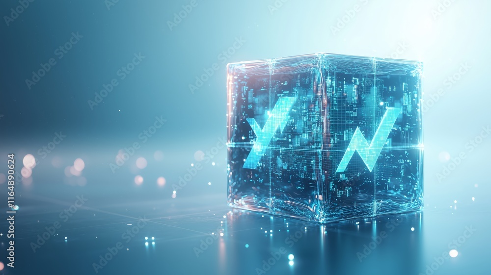 Poster futuristic digital cube with glowing symbols and abstract background