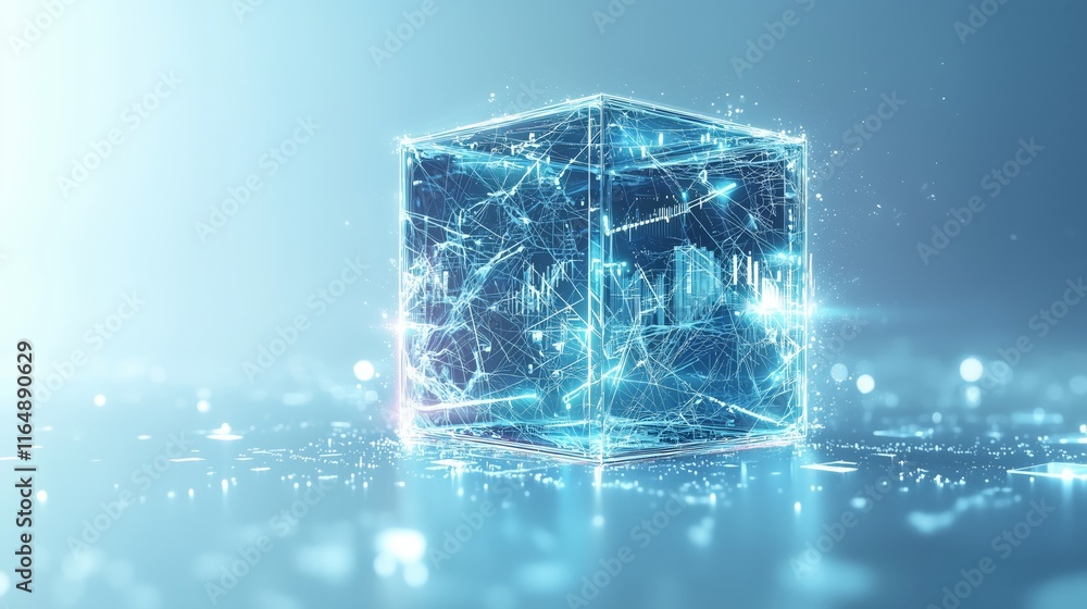 Poster futuristic transparent cube with digital network connections