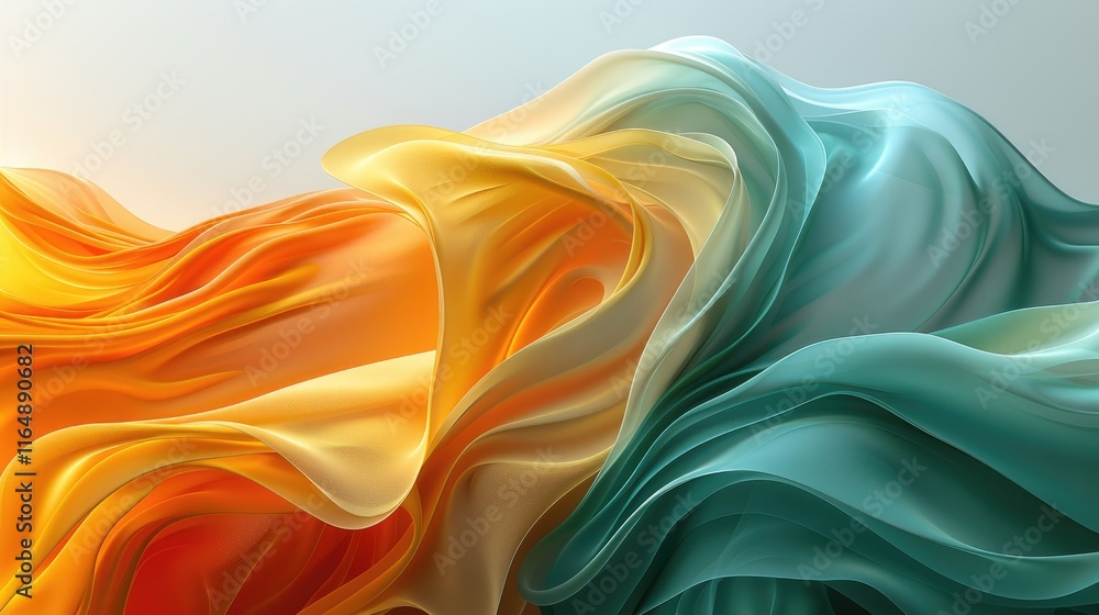 Poster abstract flowing fabric in vibrant orange and teal hues, creating a dynamic visual effect.