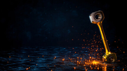 glowing torque wrench stands out against dark background, surrounded by sparks, creating striking visual effect. This minimalist setup emphasizes tool design and craftsmanship