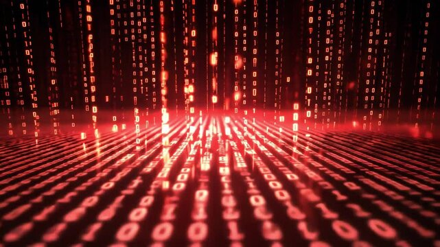 Abstract digital binary code on a glowing red background.