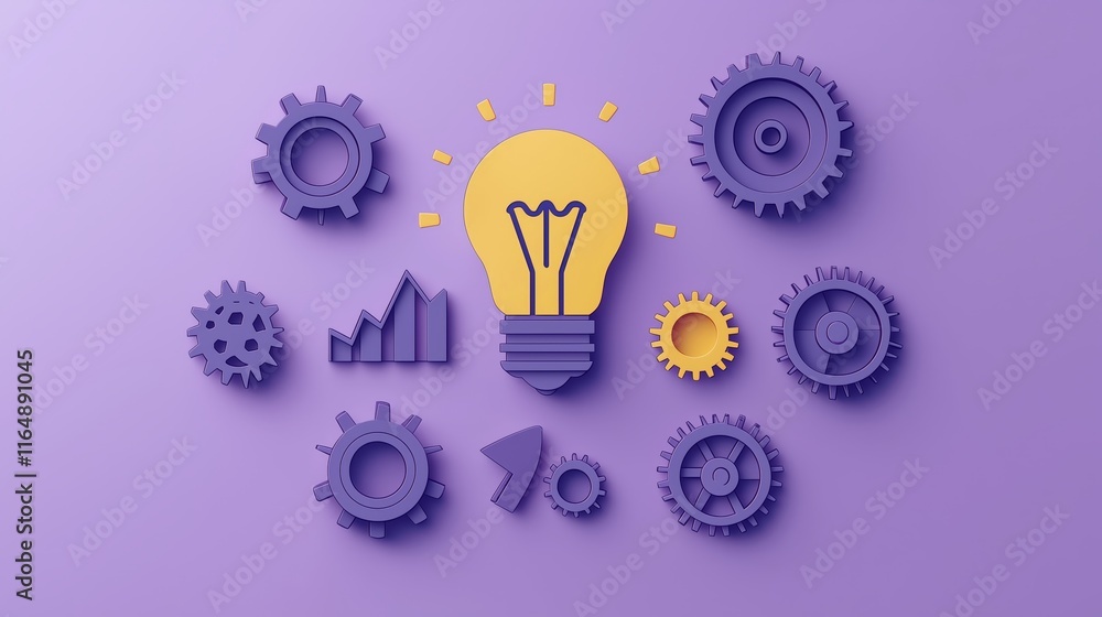 Poster light bulb with gears and graphs representing innovation and ideas