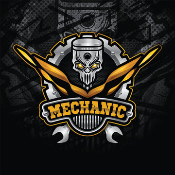 Auto mechanic logo, emblem design template. Combination of automobile tools, wrenches, pistons, and gear.
