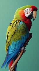Obraz premium Majestic Military Macaw Perched on Branch Against Teal Background
