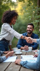 Fototapeta premium A confident woman with curly hair shakes hands with a smiling man at a wooden table surrounded by greenery. This image captures the essence of collaboration and positivity in a professional