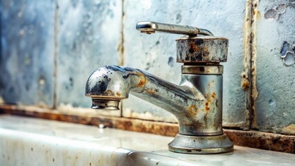 A rusty, old, metal faucet in need of repair sits atop a stained sink