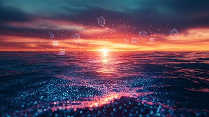 Ocean Sunset with Digital Elements Reflecting on Water Surface