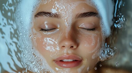 Close-Up of a Beautiful Young Woman Cleansing Her Skin with Fresh Water