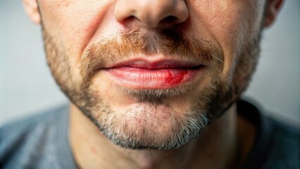 Obraz premium Close-up view of a man's lower face, showcasing a minor lip injury.