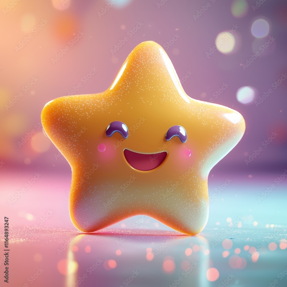 Poster cute smiling star character with colorful background and bokeh effect