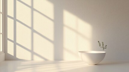 Minimalist white bowl with plant, sunlight on wall.