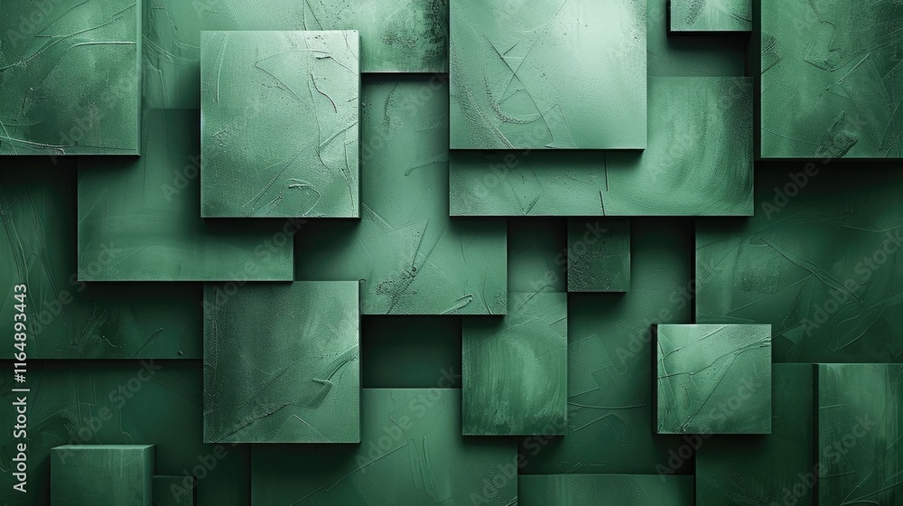 Poster a textured green background composed of overlapping geometric shapes.