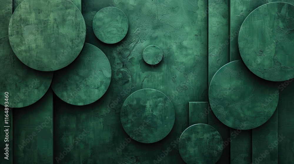Poster a textured green wall featuring circular shapes in varying sizes, creating a modern design.