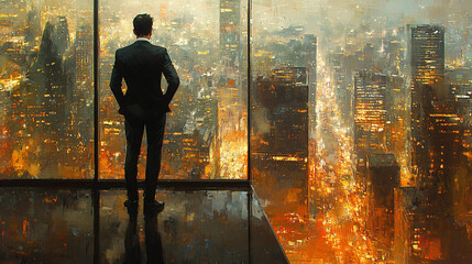 都市を高層ビルから眺めるビジネスマン