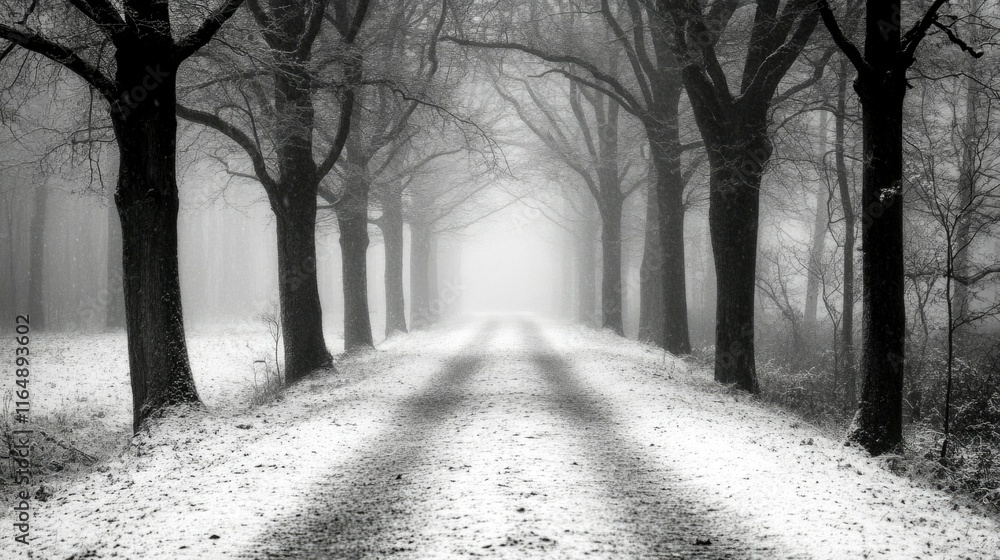 Aufkleber Snow covered path between trees in a misty forest