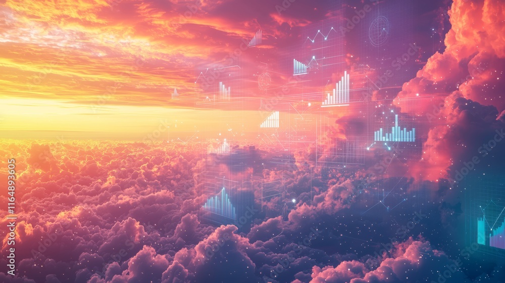 Poster stunning sunset over clouds with abstract data visualization elements
