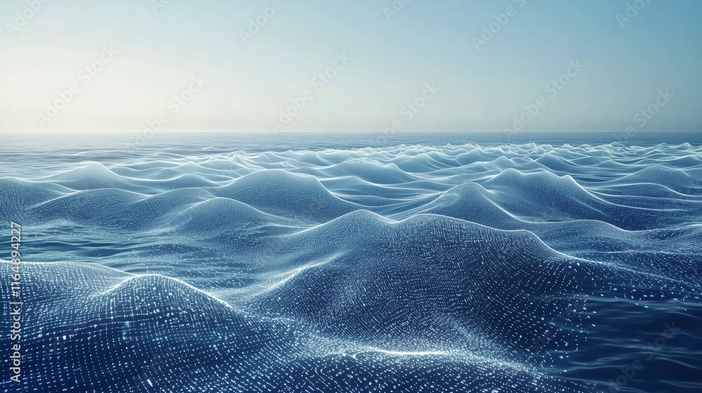 Poster digital blue ocean waves with abstract mesh pattern and light effects