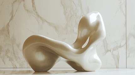 Abstract beige sculptural chair against marble.