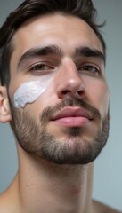 A handsome man with a well-groomed beard is applying a soothing cream to his cheek, showcasing a commitment to self-care. His focused expression and the gentle application of the cream highlight the
