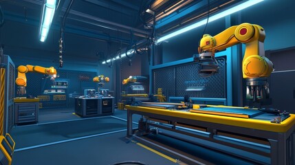 Advanced manufacturing plant with laser-powered tools and suspended robotic arms