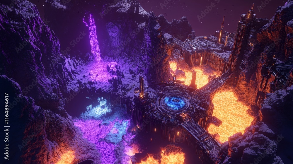 Poster gigantic mechanical structures extracting resources from a glowing alien terrain