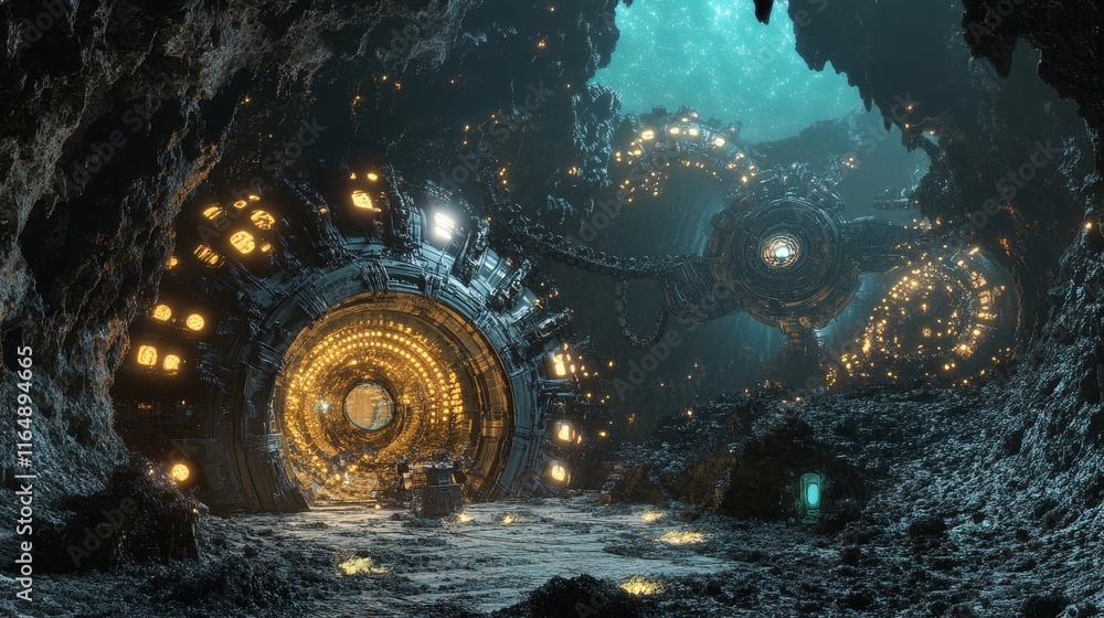 Poster gigantic mechanical structures extracting resources from a glowing alien terrain