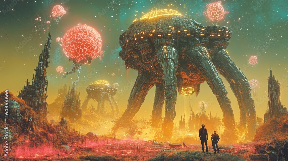 Poster gigantic mechanical structures extracting resources from a glowing alien terrain