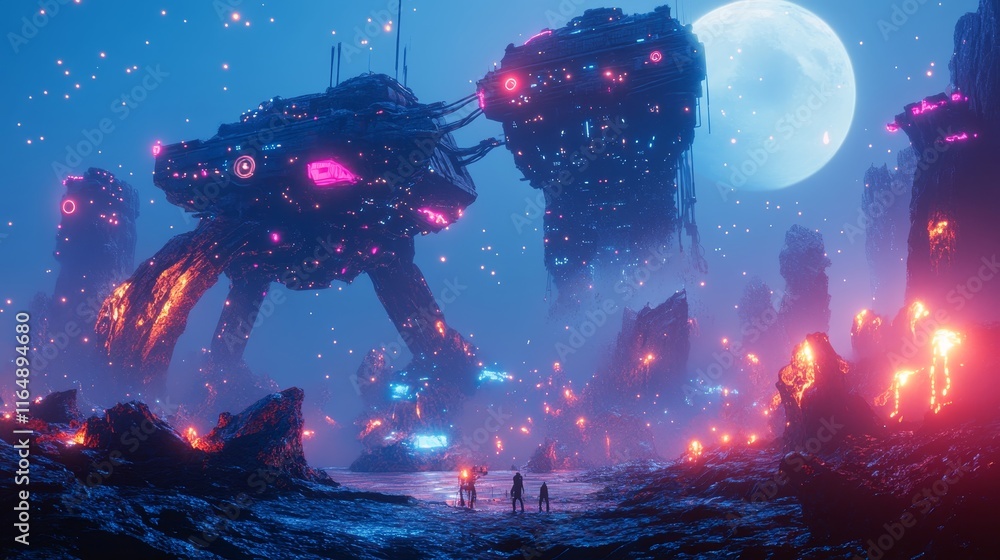 Poster gigantic mechanical structures extracting resources from a glowing alien terrain