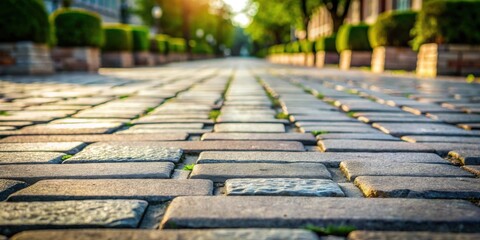 Sunlit cobblestone pathway leading to a tranquil park
