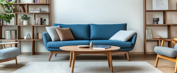 Modern living room with blue sofa, wooden coffee table, and bookshelves.