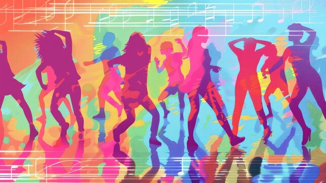 Vibrant silhouettes dancing against a colorful musical backdrop.