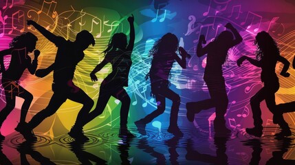 Colorful silhouettes dancing with musical notes in a vibrant background.