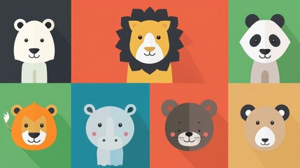 A colorful illustration featuring various cartoon-style animals in a grid layout.
