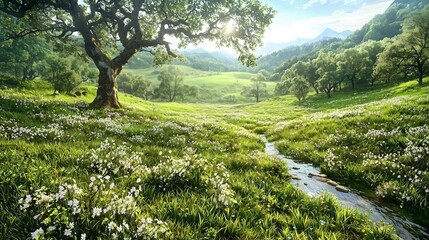 Lush green landscape with a flowing stream and a large tree under bright sunlight.
